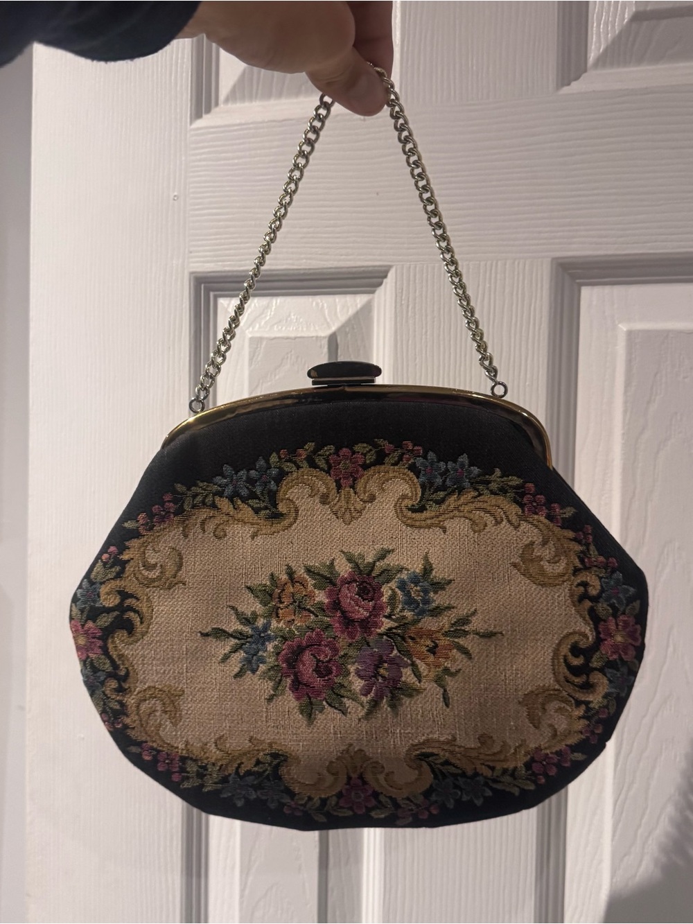 Vintage Floral Tapestry Handbag with Chain Handle - Black & Cream
